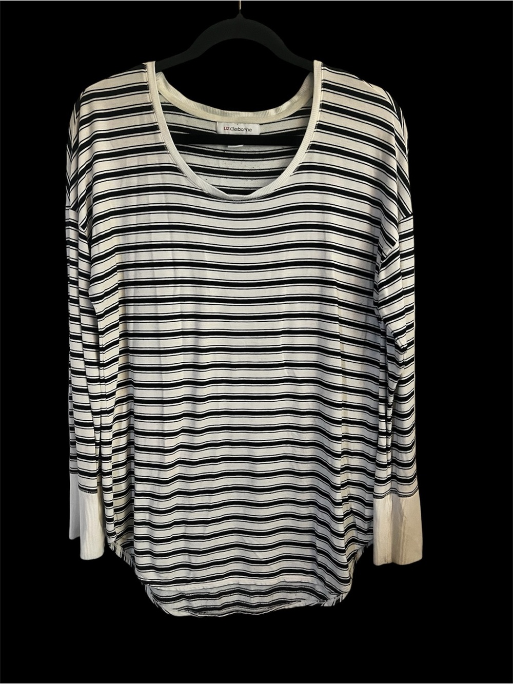 Liz Claiborne Black and White Striped Long Sleeve Scoop Neck Tee